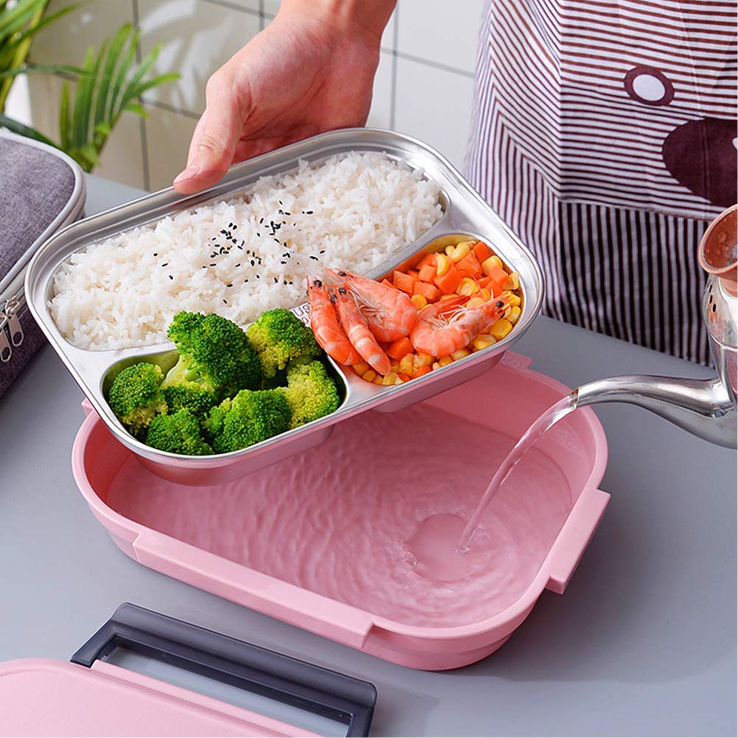 2041 Pink Lunch Box for Kids and adults, Stainless Steel Lunch Box with 3 Compartments With spoon slot. DeoDap 2041 Pink Lunch Box for Kids and adults, Stainless Steel Lunch Box with 3 Compartments With spoon slot. DeoDap